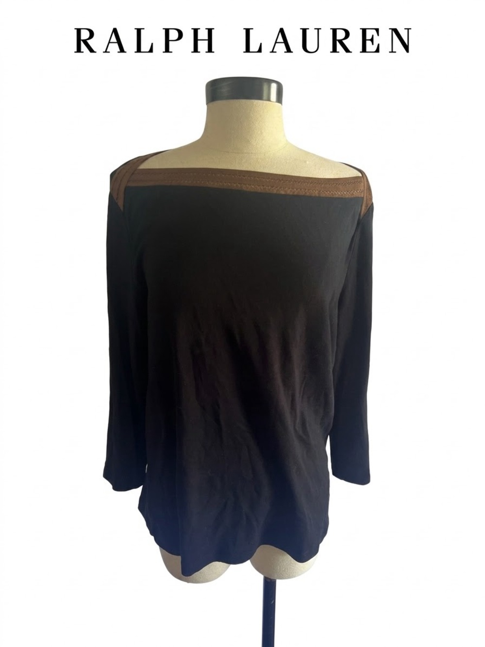 Ralph Lauren Black Top with Brown Trim Size XL